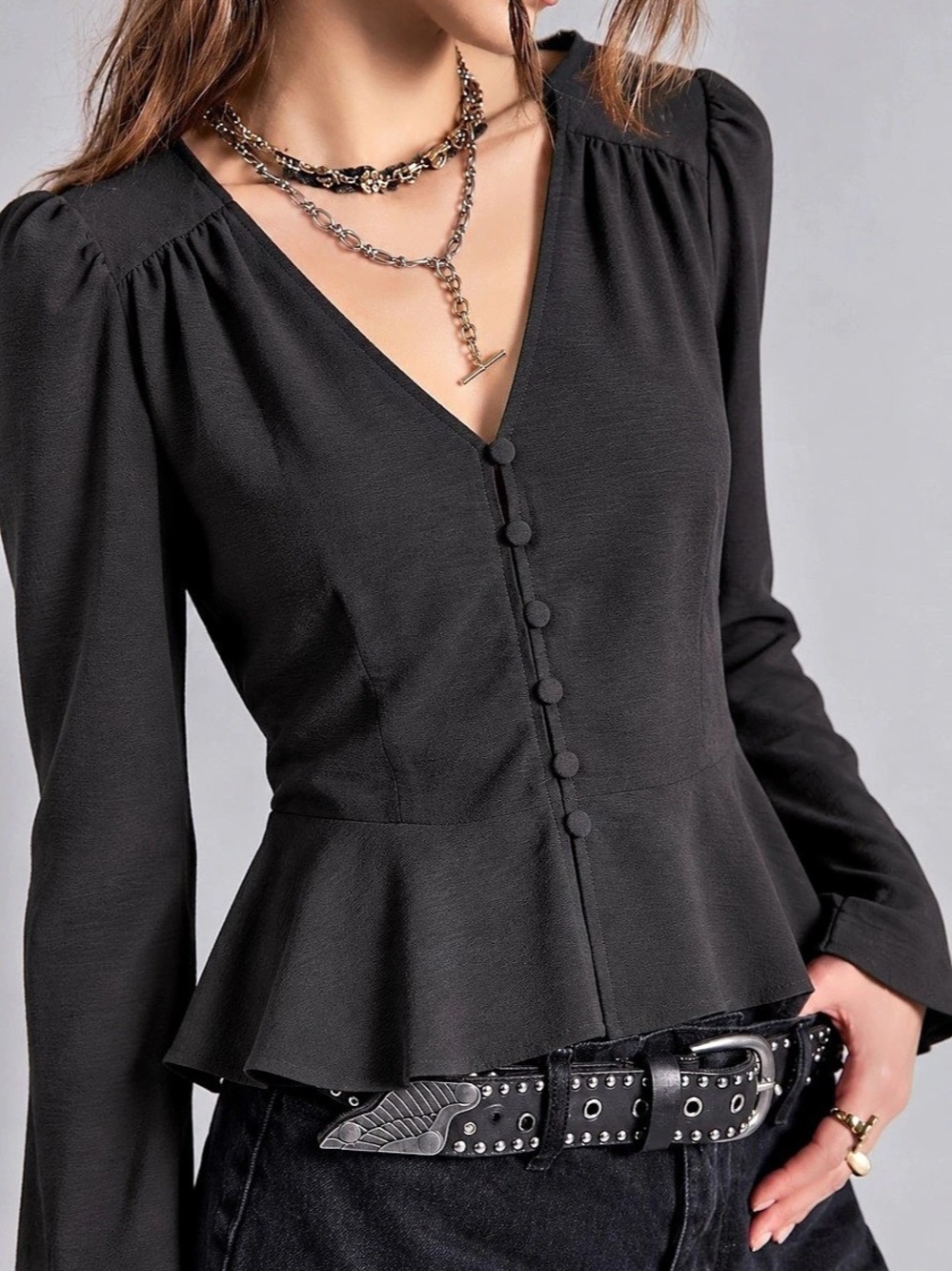 400. Black Tape Peplum Detail Blouse Black Size Medium